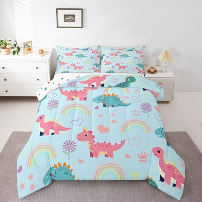 Kawaii Dino Full Size Comforter Set,Cute Rainbow Floral Love Heart Reversible Bedding Set Bedroom Collection,Blue Pink Dinosaur Cartoon Animal Soft Quilted Duvet for Girls Teens