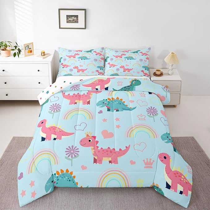 Kawaii Dino Kids Comforter Set Queen Size,Cute Rainbow Floral Love Heart Reversible Bedding Set for Adult,Blue Pink Dinosaur Cartoon Animal Luxury Bed Duvet Insert,2 Pillowcases