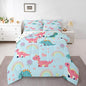 Kawaii Dino Kids Comforter Set Queen Size,Cute Rainbow Floral Love Heart Reversible Bedding Set for Adult,Blue Pink Dinosaur Cartoon Animal Luxury Bed Duvet Insert,2 Pillowcases