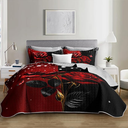 Red Floral King Quilted Sets,Romantic Red and Black Bedding Quilt Set,Rose Pattern Soft Lightweight Bedding All Season for with 2 Pillowcases.