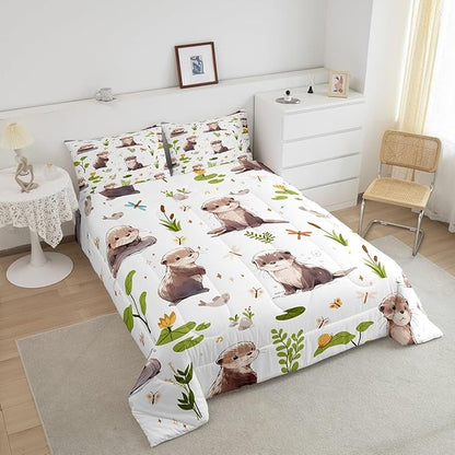 Lovely Otter Comforter Set Watercolor Green Lotus Leaf Plants Bedding Comforter for Kids Boys Girls Teens Cartoon Wild Butterfly Dragonfly Animals Bedroom Quilt Set with 2 Pillowcases Queen Size 3 Pcs