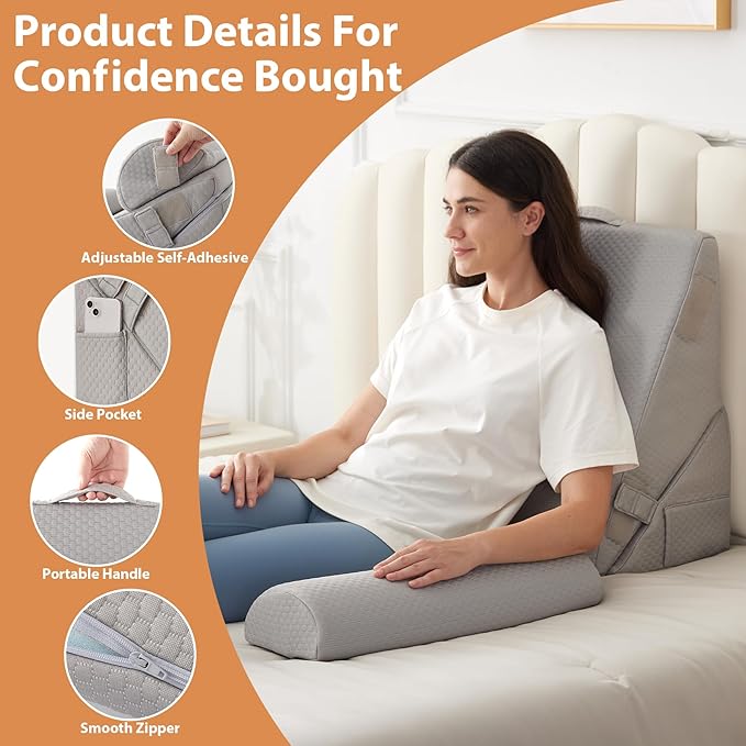 3PCS Wedge Pillow Set, Adjustable Wedge Pillow Headboard, Bed Wedge Pillows for Back Pain Relief, Sleeping, Post Surgery, Back Support Pillow for Bed Sitting Up, Snoring, GERD,Grey