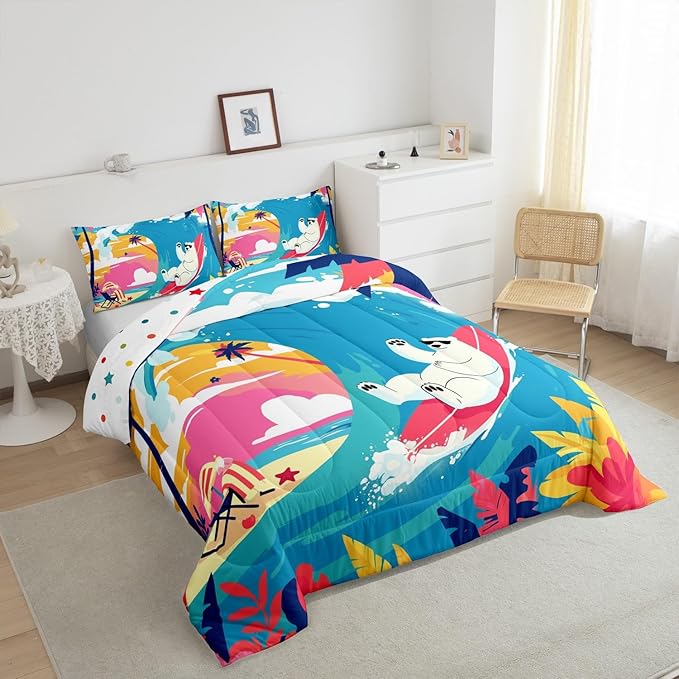 Castle Fairy Surfing Polar Bear Comforter Set Queen Size Hawaiian Summer Beach Bedding Set Kids Boys Girls Summer Vacation All Season Quilt Set Palm Trees Silhouette Bedding Comforter Sets,3Pcs