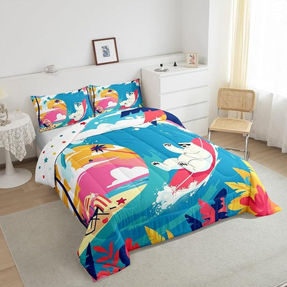Castle Fairy Surfing Polar Bear Comforter Set Queen Size Hawaiian Summer Beach Bedding Set Kids Boys Girls Summer Vacation All Season Quilt Set Palm Trees Silhouette Bedding Comforter Sets,3Pcs