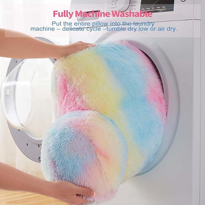 Reading Pillow for Bed - Faux Fur Backrest Pillow with Arms, Reading & Bed Rest Pillows Rainbow Colors, Fluffy Sit Up Pillow, Study Pillow for Kid, Tween, Teens & Adult Girls