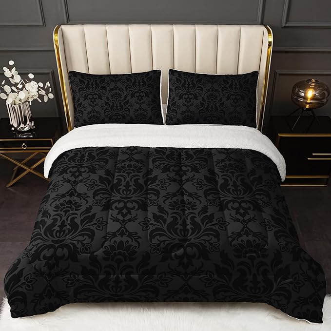QOOMO Bohemian Exotic Sherpa Comforter, Adults Black Damask Plush Warm Fall Winter Bedding Comforter Sets, Antique Victorian Baroque Sherpa Full/Queen Comforter Set, 3 Piece Set
