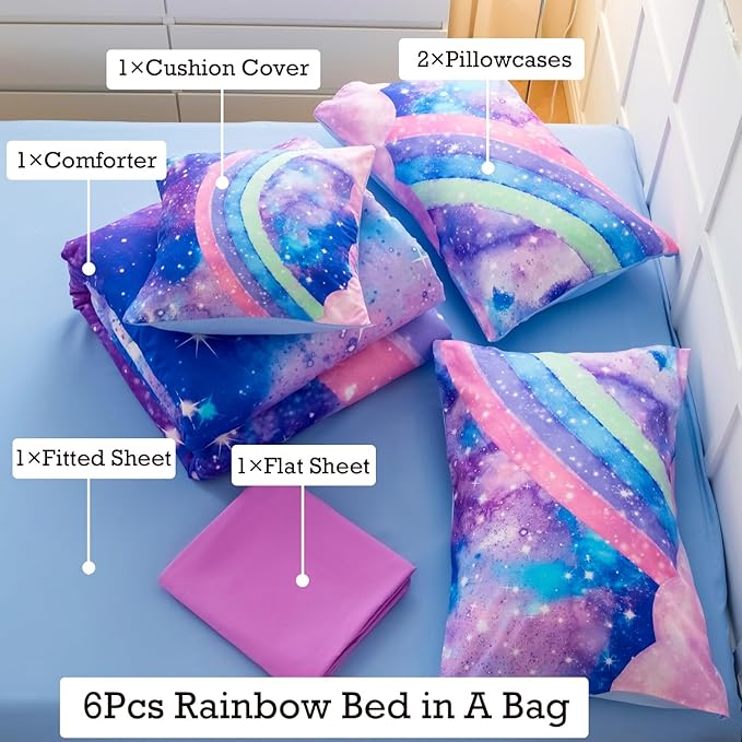 ANGIYUIN Rainbow Full Size Bedding Comforter Set for Girls Gradient Glitter Comforter Set 3D Tie Dye Blue Bedding Sets 6Pcs Soft Lightweight Girl Bed in A Bag for All Season