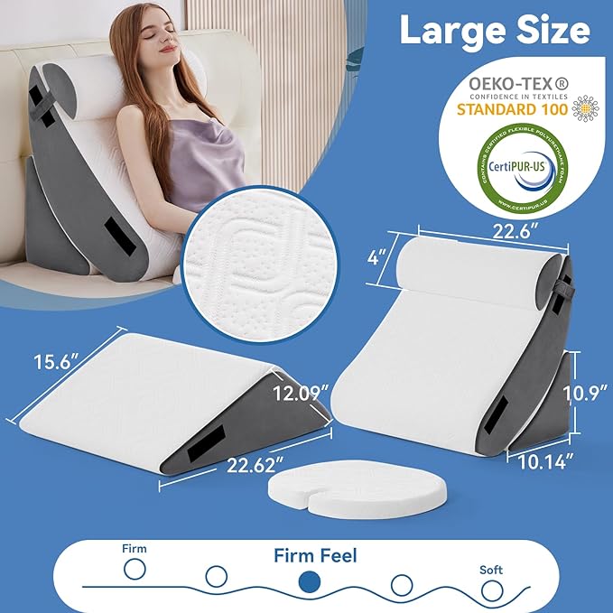 Wedge Pillow Set for After Surgery, 5 PCS Bed Wedge Pillow for Sleeping with Seat, Memory Foam Orthopedic Back Pillow for Pain Relief and Acid Reflux, Adjustable Post Surgery Pillow Grey