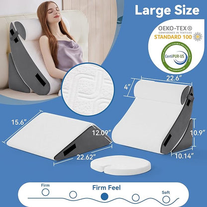 Wedge Pillow Set for After Surgery, 5 PCS Bed Wedge Pillow for Sleeping with Seat, Memory Foam Orthopedic Back Pillow for Pain Relief and Acid Reflux, Adjustable Post Surgery Pillow Grey