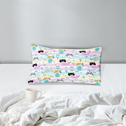 Cat Twin Bedding Set 2Pcs - Cartoon Mermaid Tail Cat Twin Comforter Set for Girls Bedroom Ultra Soft Warm Kitty Comforter Set for Girls Room Decor with 1 Cat Comforter and 1 Pillowcase, Twin Size
