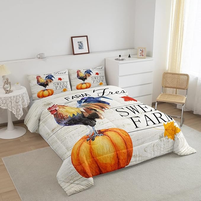 Chicken Pumpkin Comforter Set King Size,Thanksgiving Day Themed Bedding Set for Kids Teens Adults Home Room Decor,Maple Leaf Animals Plants Quilt Set Halloween Bedspread,2 Pillowcases