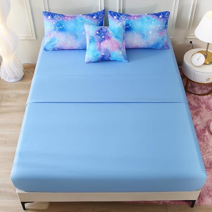 Galaxy Constellation Print Comforter Set Full Size Girls Gradient Bedding Set,6 Piece Bed in a Bag with Sheet Bedding Gift for Kids(Blue)