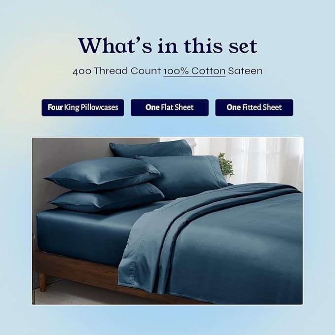 California Design Den 6-Pc King Size Sheet Set with 4 Pillowcases - Soft 400 Thread Count 100% Cotton Sheets, Sateen Weave, Deep Pocket Bedsheets Set - Peacock Blue
