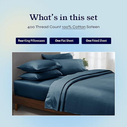California Design Den 6-Pc King Size Sheet Set with 4 Pillowcases - Soft 400 Thread Count 100% Cotton Sheets, Sateen Weave, Deep Pocket Bedsheets Set - Peacock Blue