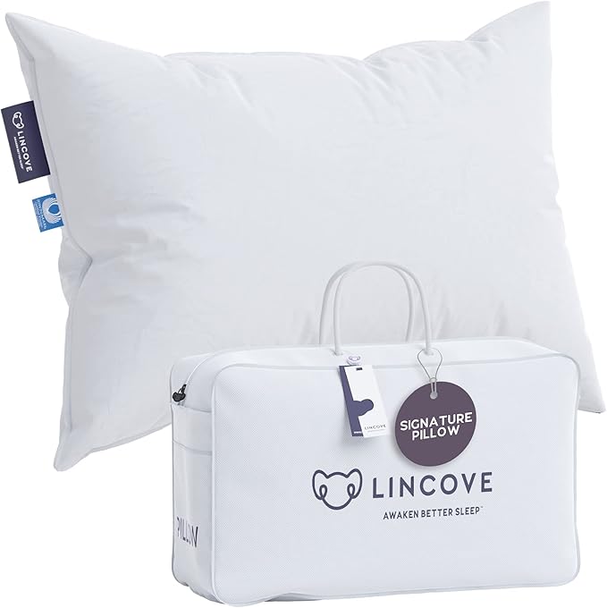 Lincove Signature 100% Natural Canadian White Down Pillow - Luxury Sleeping Pillow for Back, Stomach & Side Sleepers - 800 Fill Power, 500 Thread Count, Made in Canada, Queen - Medium, 1 Pack
