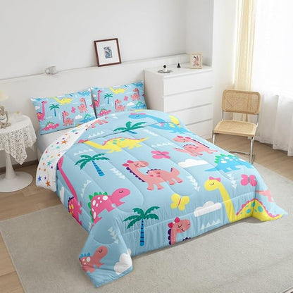 Cute Dino Kids Comforter Set Queen Size,Cartoon Dinosaur Kawaii Wildlife Reversible Bedding Set for Adult,Lovely Cloud Butterflies Blue Luxury Bed Duvet Insert,2 Pillowcases
