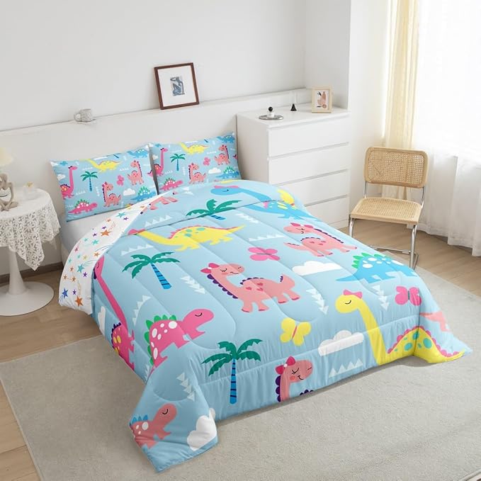 Cute Dino Kids Comforter Set Toddler Size,Cartoon Dinosaur Kawaii Wildlife Reversible Quilt Set for Boys Bedroom Decor,Lovely Cloud Butterflies Blue Duvet Insert,1 Pillowcase