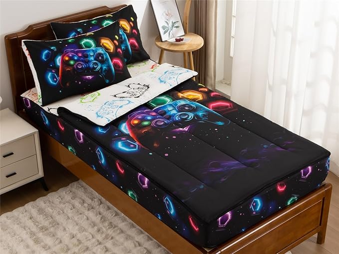 Holawakaka Kids Zipper Bedding Gaming Comforter Set, Boys Girls Twin Size Galaxy Gamer Print Zippered Bed Sets, Child Cartoon Dorm Zip Bed-in-A-Bag