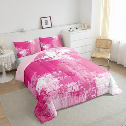 Feelyou Pink Abstract Duvet Quilt Geometric Bedding Set for Kids Boys Girls Teens Room Decor Modern Comforter Set King Size Buffalo Check 3Pcs Breathable Soft Lightweight Microfiber