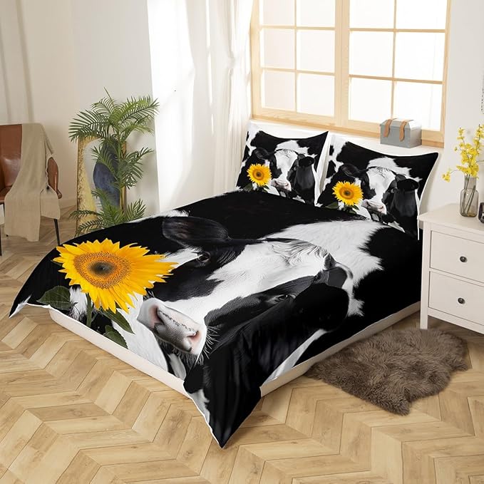 Milk Cows Bedding Set Twin,Sunflower Farmhouse Cattle Animal Duvet Cover with 1 Pillow Sham Comforter Cover for Kids Boys,Black White Fur Print Quilt Cover Set Decorative 2 Pcs