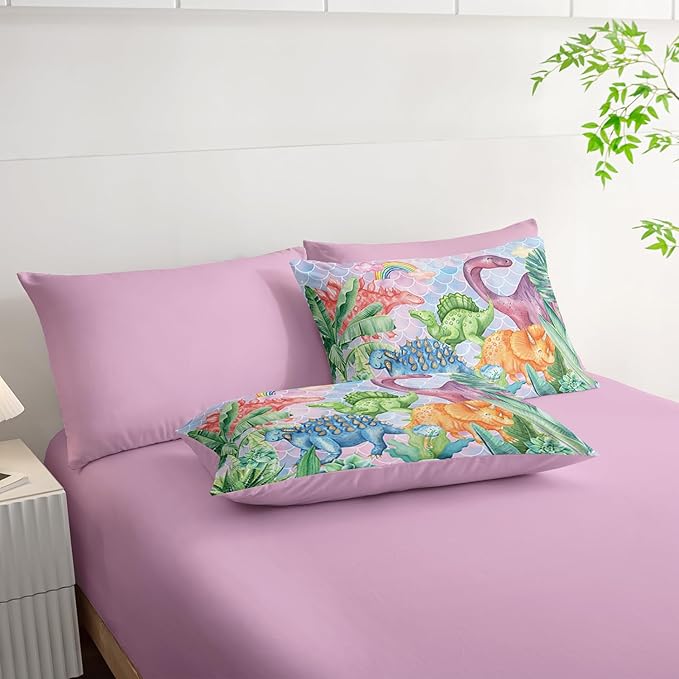 Pastel Dinosaur Comforter Set (7 Piece) - Mermaid Scale Kids Bedding, Pink Blue Purple Dinosaur Quilt Set for Boys Girls, All Season Microfiber Bed Set with Shams, Flat/Fitted Sheet (Queen)