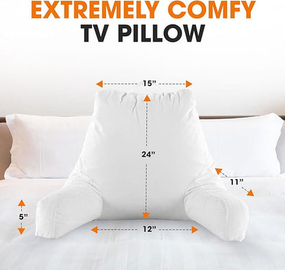 Cheer Collection Reading Pillow with Arms – Portable Bed Pillow for Sitting Up & Support, Hollow Fiber-Filled Back Rest Pillow for Sitting in Bed & Couch, Machine Washable, White