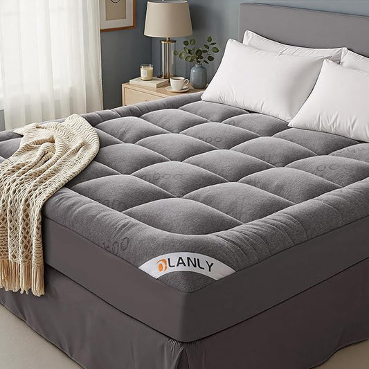OLANLY Full Mattress Topper – Viscose Made from Bamboo, Cooling Soft Full Pillow Top Mattress Pad for Back Pain Relief, Plush Down Alternative Fill Bed Topper with Elastic Deep Pocket, Light Gray