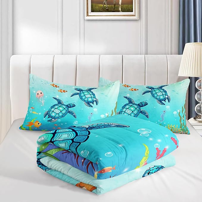 Turtle Comforter Set Queen Ocean Watercolor Sea Turtle Bedding Set Nautical Sea Animal Reptile Bed Set with 2 Pillowcases for Kids Room Decor