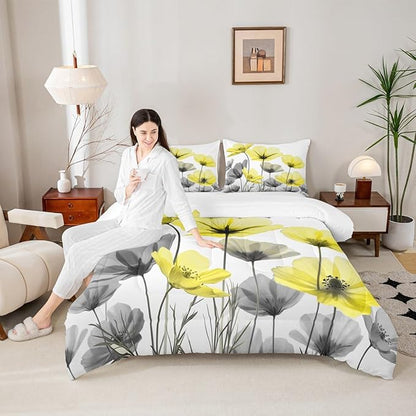 Erosebridal Yellow Boho Floral Full Bedding Set,Yellow and Gray Flower Comforter Set for Kids Girls Women,Vintage Flowers Quilt,Bohemian Wildflower Bedroom Decor with 2 Pillowcases,Breathable