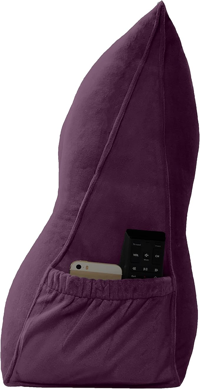 Triangular Reading Bed Rest Pillow Large Bolster Cushion Headboard Backrest Wedge Pillow with Removable Cover and Two Large Side Pockets (Dark Purple, California King: 71 x 8 x 20 inches)