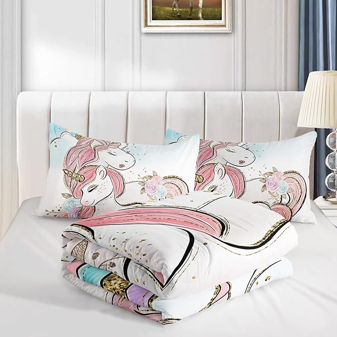 CVHOUSE Unicorn Bedding Twin Size Set for Girls Kids - Cute Comforter Chrismas Duvet Quilt Set Girls Room Decor 3 Pieces