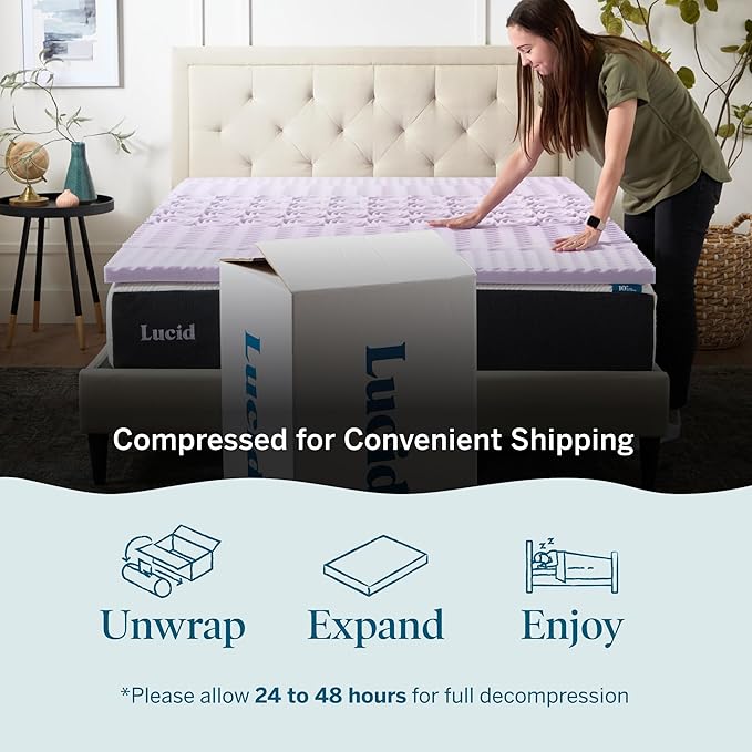 LUCID Lavender Infused 2 Inch Memory Foam Mattress Topper with 5 Zones – Twin XL Size – Plush Feel – CertiPUR Certified – Dorm Room Essentials