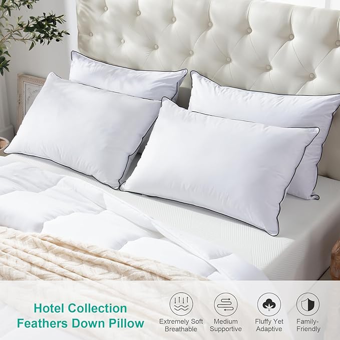 APSMILE Luxury Goose Feather Pillow for Sleeping, Medium Firm Feather Down Pillows King Size Set of 2,600TC Organic Cotton Cover Hotel Collection Bed Pillows (White, 20"x36")