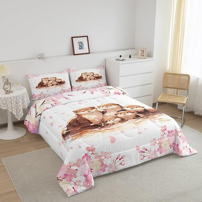 Cute Otter Family Comforter Set Watercolor Pink Cherry Blossom Decor Bedding Set for Kids Girls Teens Lovely Cartoon Wild Animals Spring Microfiber Duvet Set with 1 Pillowcase Twin Size 2 Pcs