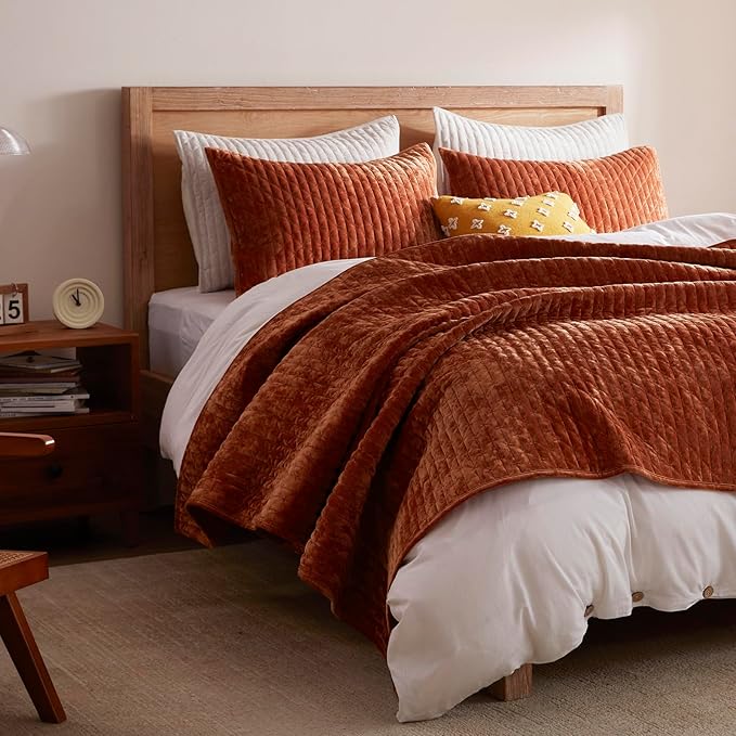 LEAONME Oversized King Quilt 120''x120'', Lightweight Burnt Orange Velvet Comforter Set with 2 Matching Shams, Soft Cross Stitch Bedspread Coverlet, Oversized King Bedding Set for All Season