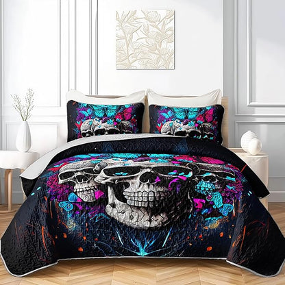 AILONEN Goth Skull Quilt Set Full Size, 3D Butterfly Skeleton Bedding Bedspread Coverlet with 2 Pillowcases,3-Piece Soft Lightweight Gothic Bed Cover,Blue Black