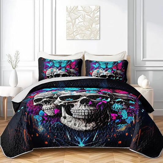 AILONEN Goth Skull Quilt Set Full Size, 3D Butterfly Skeleton Bedding Bedspread Coverlet with 2 Pillowcases,3-Piece Soft Lightweight Gothic Bed Cover,Blue Black