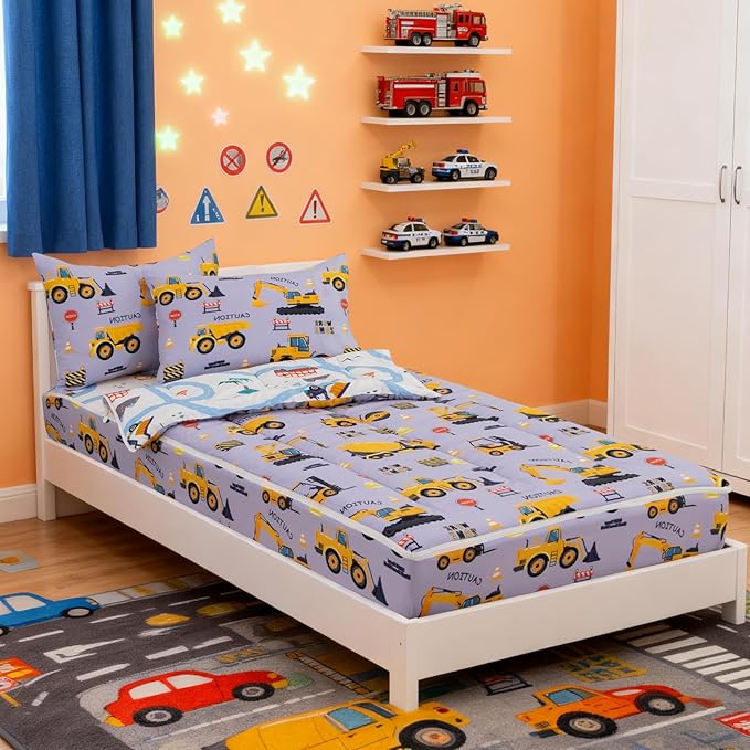 Holawakaka Kids Zipper Bedding Construction Comforter Set, Boys Twin Size Trucks Excavator Tractor Print Zippered Bed Sets,Toddler-boy Child Dorm Zip Bedding