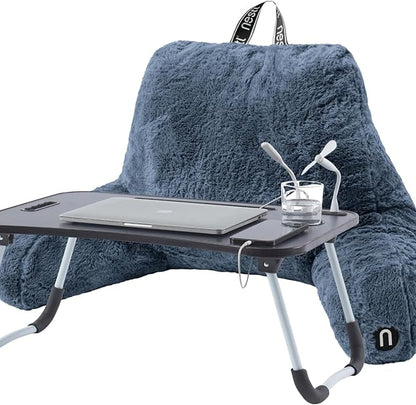 Nestl Fur Reading Pillow with Laptop Lap Desk, Stylish Back Pillow for Sitting Up, Lap Desk with Reading Pillows for Sitting in Bed Adult & Kids, Faux Fur Chair Pillow with Arms - Blue