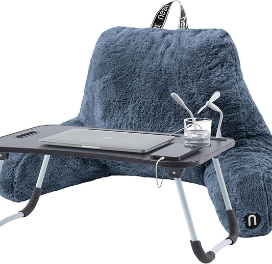 Nestl Fur Reading Pillow with Laptop Lap Desk, Stylish Back Pillow for Sitting Up, Lap Desk with Reading Pillows for Sitting in Bed Adult & Kids, Faux Fur Chair Pillow with Arms - Blue