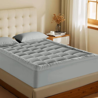 MATBEBY Queen Size Mattress Pad - Cooling Breathable Mattress Topper, Quilted Fitted Mattress Protector, Pillow Top Mattress Cover with 8-21" Deep Pocket, Machine Washable, Light Grey, 60x80 Inches