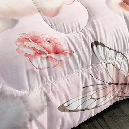 Kids Bedding Queen Cartoon Cat Comforter 3 Pieces Pink White Cat Butterflies Comforter Set for Teens Kids Boys Girls Adults Kawaii Flower Quilt with 1 Comforter and 2 Pillowcases