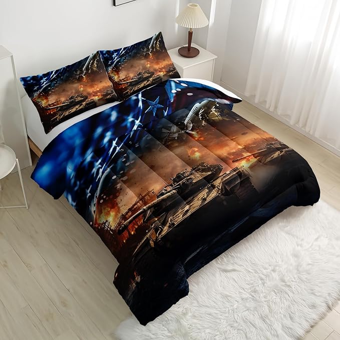 War Theme Comforter Set King Size for Kids Teens and Adults Tanks and Aircraft Printed Quilt Set for Bedroom Microfiber All Season Print Quilt Set with 1 Comforter and 2 Pillow Case