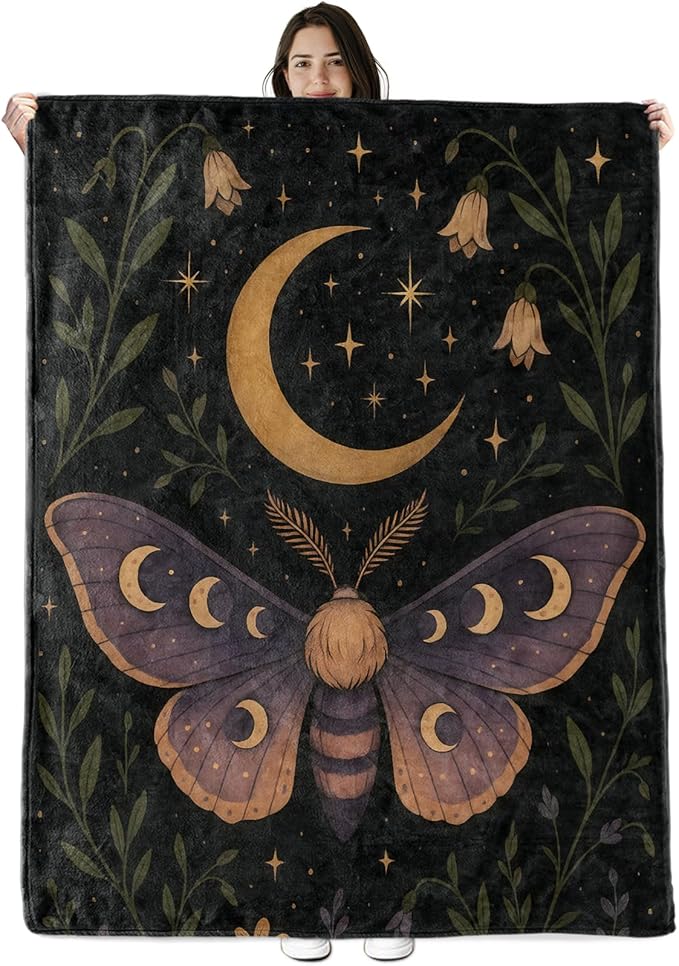 Moth Moon Blanket Gifts for Boys Girls Kids, Mystical Celestial Warm Soft Flannel Throw Blankets for Travel, Sofa, Living Room, Bedroom Decor, 50x60 in