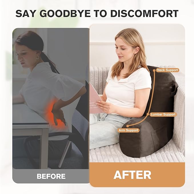 Portable Comfy Reading Pillows for Bed Sitting Up(Brown Oeko-Tex), Velvet Back Pillow with Arms & Pockets for Adults, Support Memory Foam Bed Pillow for Dorm/Reading/Watching/Gaming