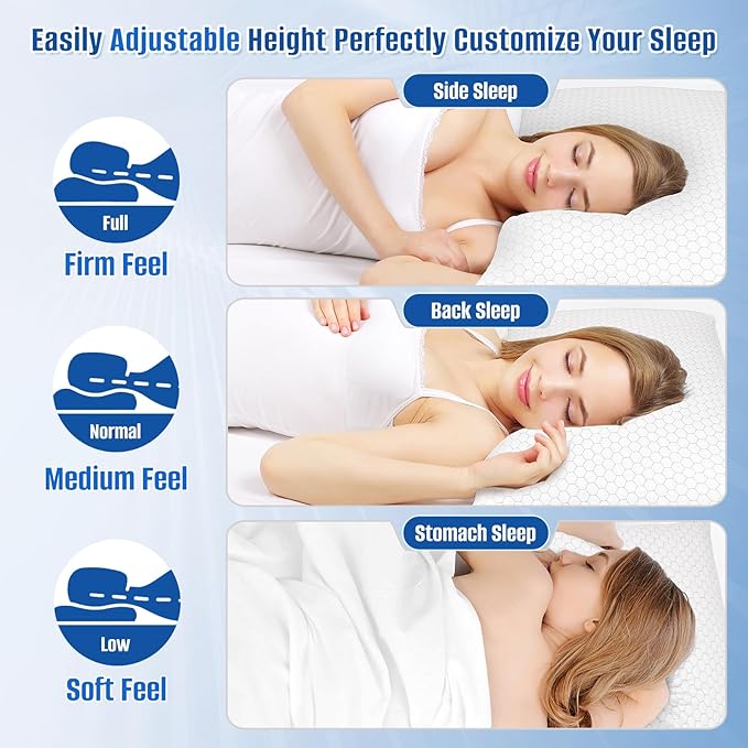 Shredded Memory Foam Pillow for Sleeping, Cooling Bed Pillows Set of 2, Adjustable Pillows for Side, Back, Stomach Sleepers with Washable Pillowcase (Standard Size, Grey)