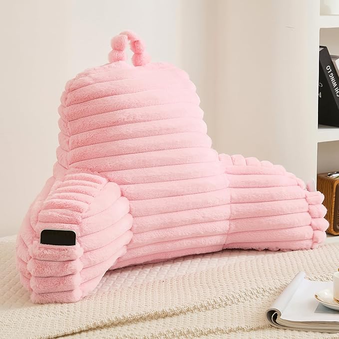 Faux Fur Fluffy Pink Reading Pillow with Pockets, Luxury Striped Plush Decorative, Arm Rests and Back Support for Bed Rest, Lounging on Sofa, Extra Large Size for Adult.