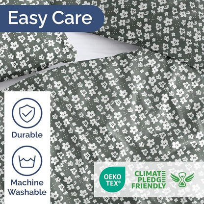 Duvet Cover Full Size Set - Extra Soft Floral Duvet Cover 80 x 90 with 2 Pillow Shams - Comfy, Cozy, Breathable Floral Bedding Set - Hotel Luxury & Fade Free with Zipper Closures & Ties - Green Meadow