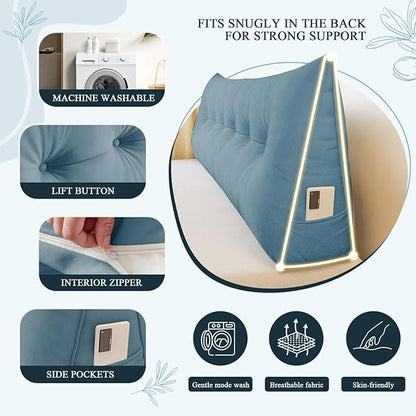 Headboard Pillow King, Large Triangular Wedge Headboard Pillow for Reading and Resting, Backrest Positioning Support Pillow with Removable Cover (Light Blue)