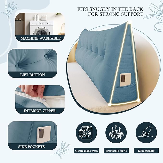 Headboard Pillow Queen, Large Triangular Wedge Headboard Pillow for Reading and Resting, Backrest Positioning Support Pillow with Removable Cover (Light Blue)